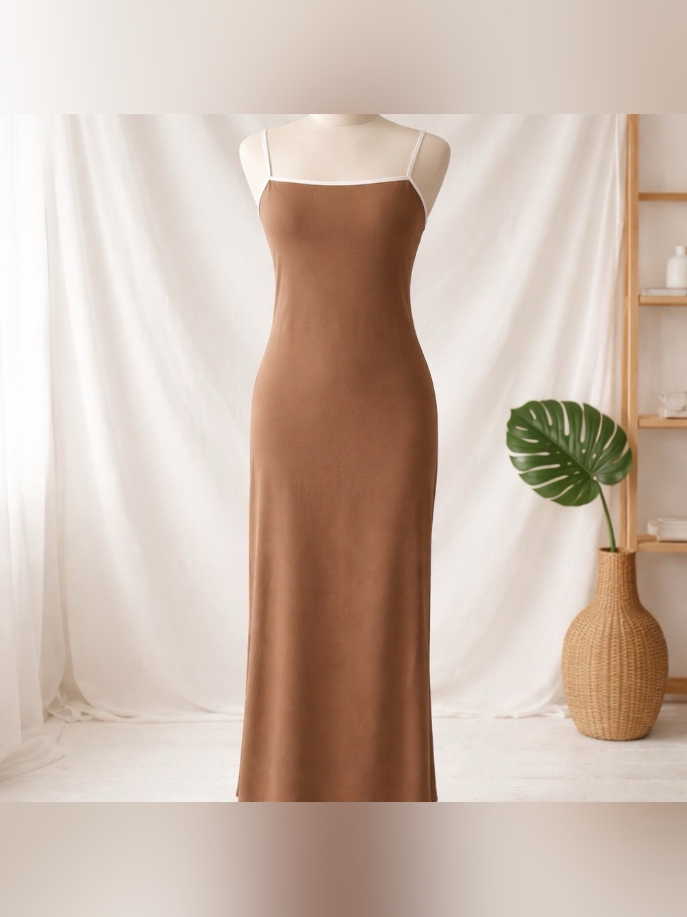 Brown Slip Maxi Dress with Contrast Straps